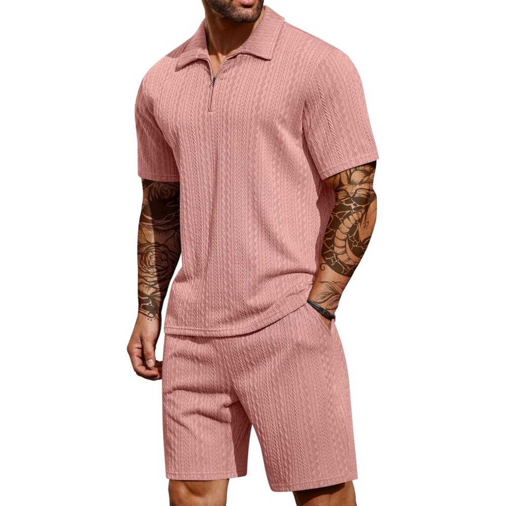 Men's 2 Pieces Outfits Casual Quarter Zip Polo Shirt And Shorts Set Athletic Jog